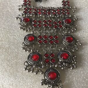 Bohemian Red Stone Silver-Tone Statement Necklace